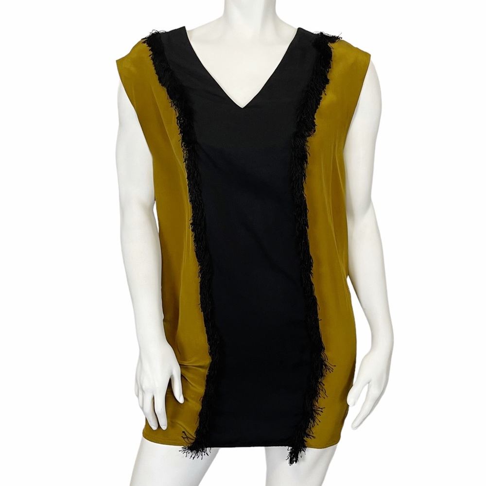 SANDRO Bronze/Olive Green Silk Black Fringe V-Neck Mini Dress